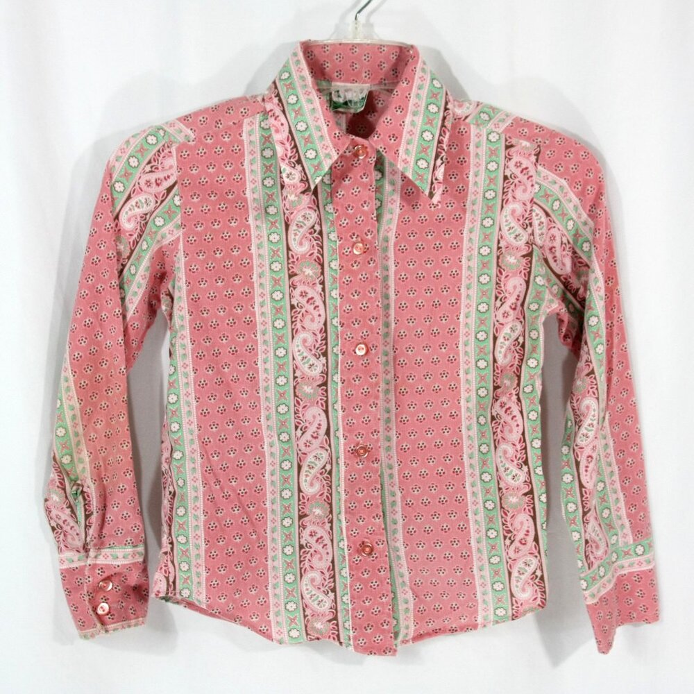 Vintage Girls Floral Stripes Long Sleeve Button Shirt Blouse Top Pink 7 1970s